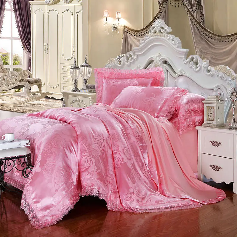 

beautiful blossoming peopies print jade linens 4/6pcs cotton silk jacquard Queen/King Size duvet cover sets bedding sets