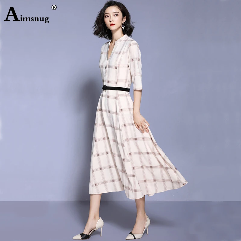 

New Fashion 2019 Khaki Apricot Plaid Temperament Dresses Women Autumn High Waist Casual pocket Office Ladies Vingate Dress
