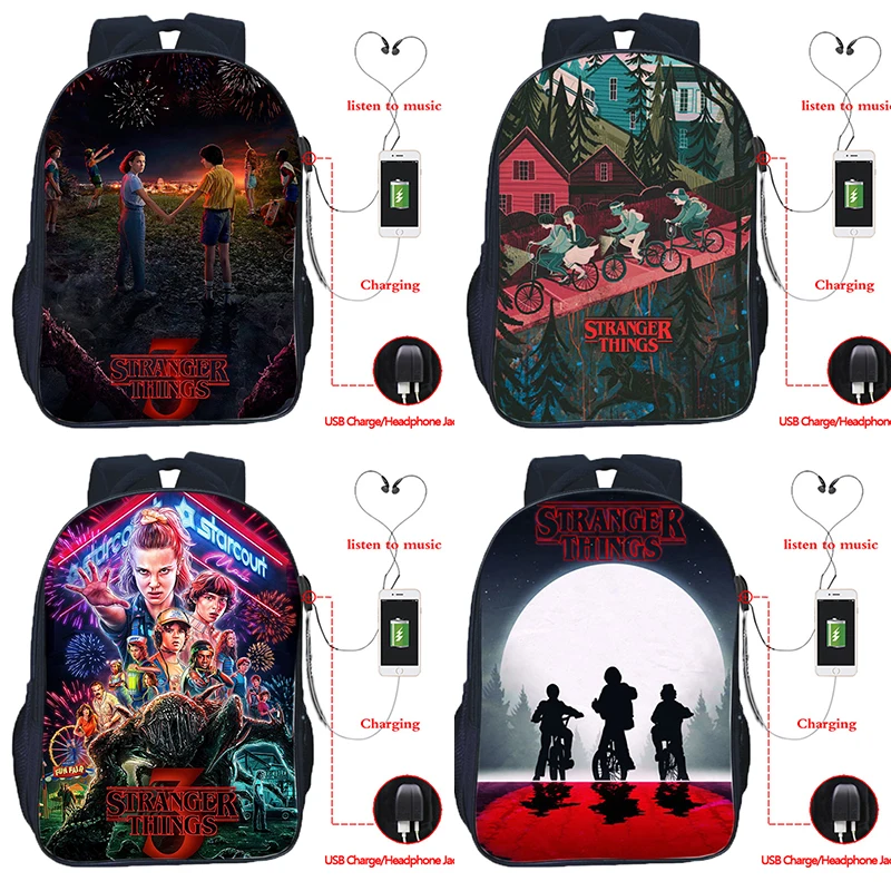 

Stranger Things 3 Multifunction USB Charge School Bag Headset Jack Backpack for Teens Students Boys Girls Travel Bags Mochila