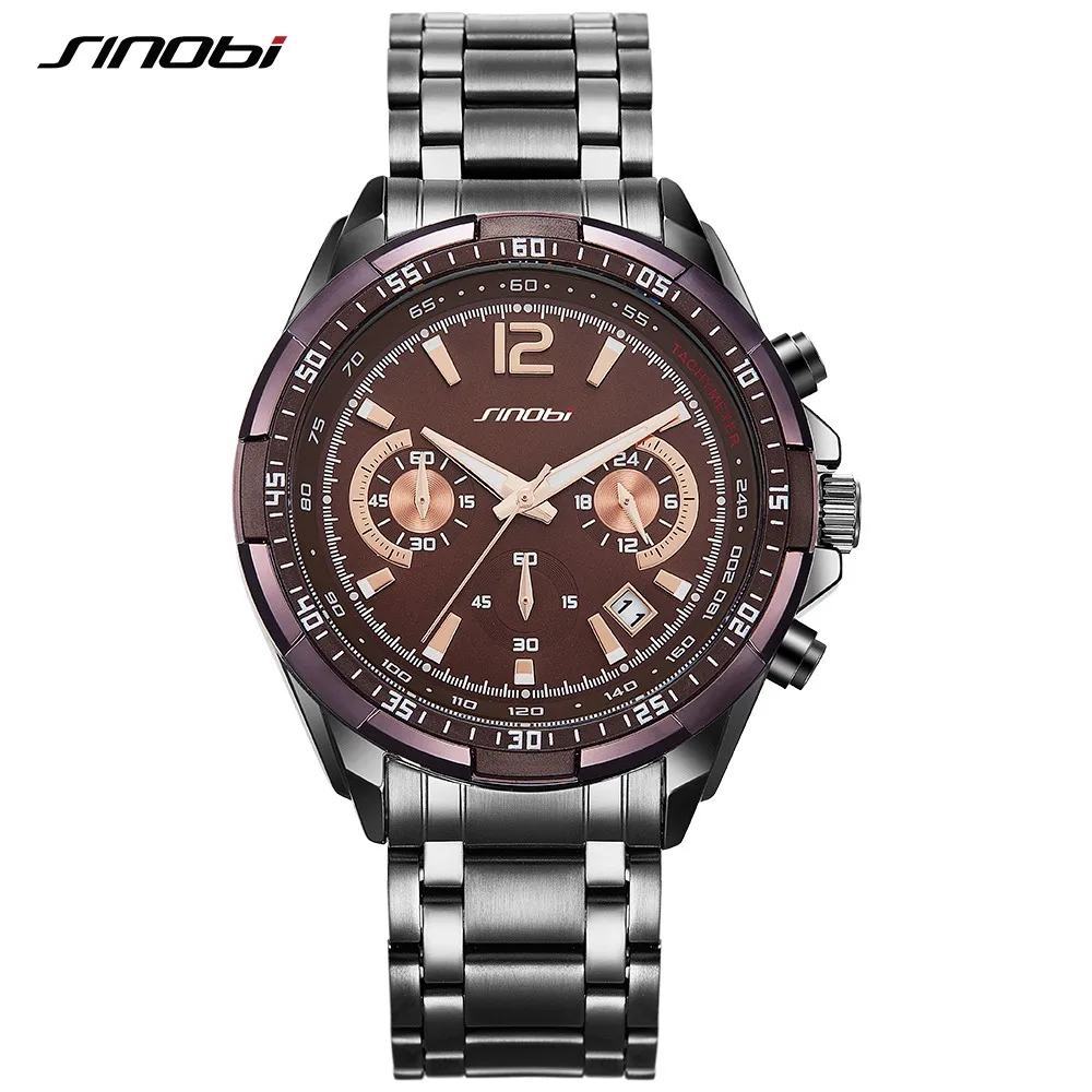 SINOBI хронограф классические роскошные деловые мужские часы полностью Стальные кварцевые часы мужские часы армейские военные наручные часы - Цвет: Brown
