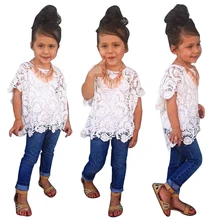 Летние детские комплекты одежды для девочек, кружевное пальто+ жилет+ джинсовые штаны, Модный комплект одежды из 3 предметов для маленьких девочек 1-7 лет, детские костюмы