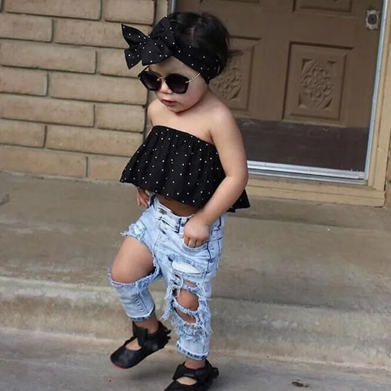 

2019 new small and medium girls denim hole pants suit summer girls polka dot wrapped chest + headband 3 piece suit suit clothes