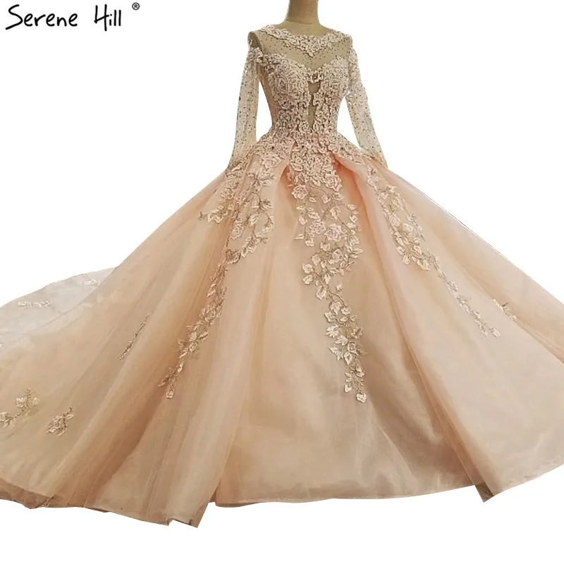 

Pink High-end Long Sleeve Vintage Wedding Dresses 2019 Crystal Appliques Fashion Luxury Bridal Gown Vestido De Noiva