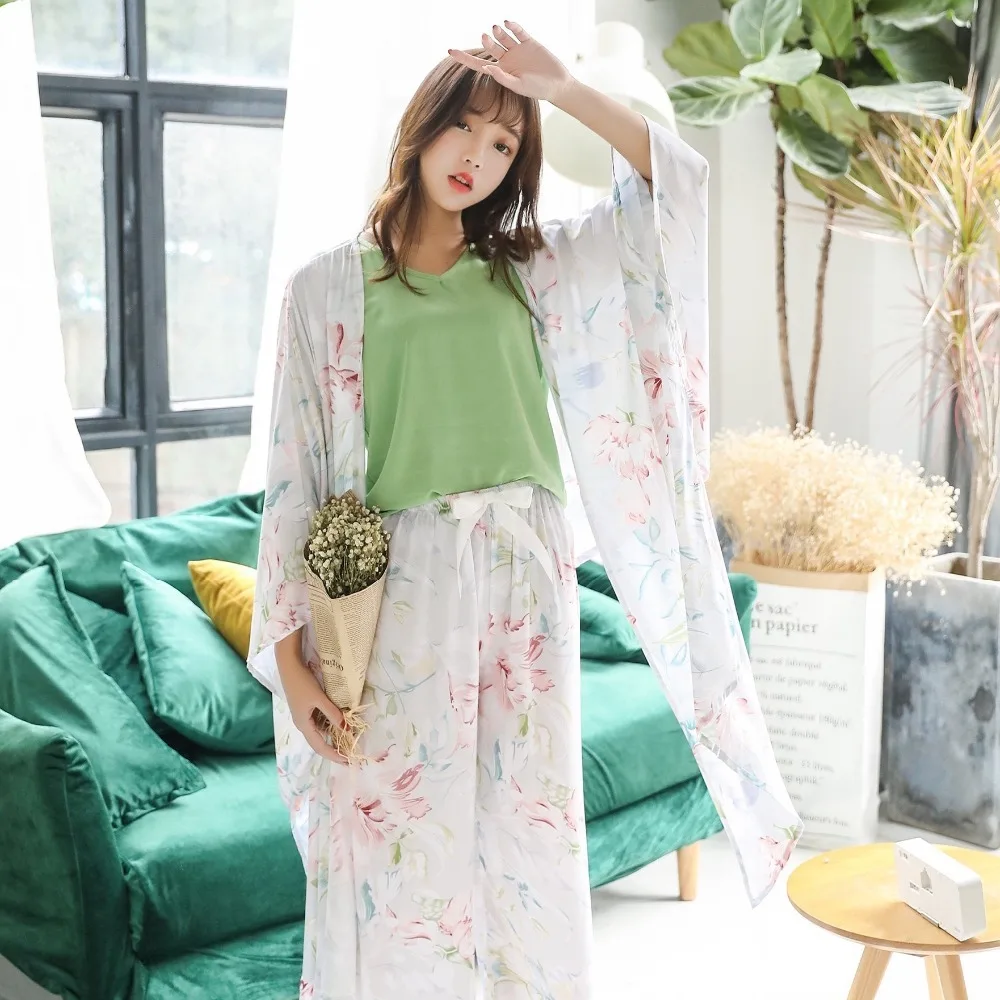 

Autumn New Girl lace top Print Pajamas Sets Women Home Comfortable Flower Nightshirt 4 Piece Cotton Cute Bedroom Nightgown