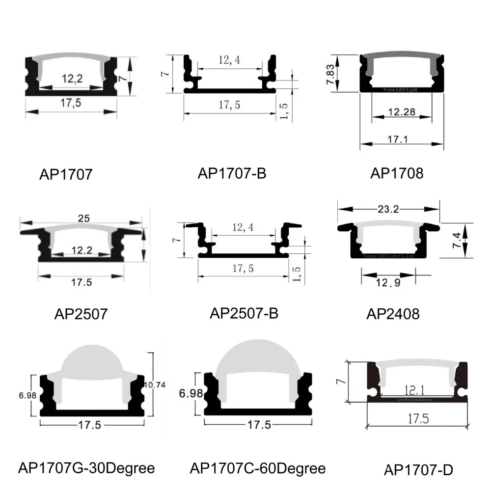 40 м(20 шт) много, 2 м за штуку, светодиодный алюминиевый профиль AP1707 для 12 мм широкоугольных или ниже светодиодных полос