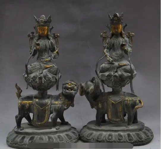 

S02175 tibet buddhism bronze gilt WenShu PuXian Kwan-yin Ride Elephant Lion Statue Pair B0403