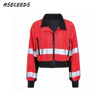 Primavera 2019 chaqueta de gran tamaño con rayas reflectantes vintage chaqueta de otoño para mujer militar chaqueta de color rojo chaqueta coreana