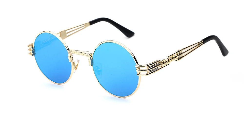 Мужские брендовые винтажные Круглые Солнцезащитные очки новые серебряные золотые металлические зеркальные Маленькие Круглые Солнцезащитные очки женские Дешевые Высокое качество UV400 - Цвет линз: Gold w blue mirror