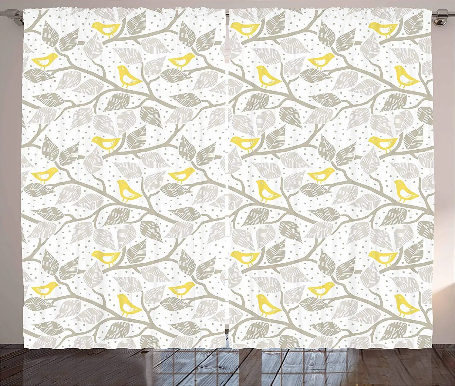 

Grey and Yellow Curtains Abstract Tree Branches with Leaves Birds and Dots Spring Nature Window Drapes for Living Room Kitchen