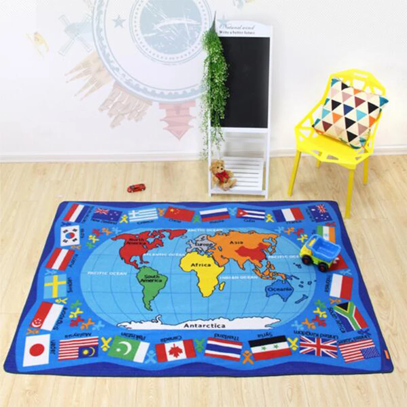

2017 Children's Carpet World Map And Flag Rug Cotton And Polyester Machine Washable Rectangle Living Anti-slip Big Baby Mats