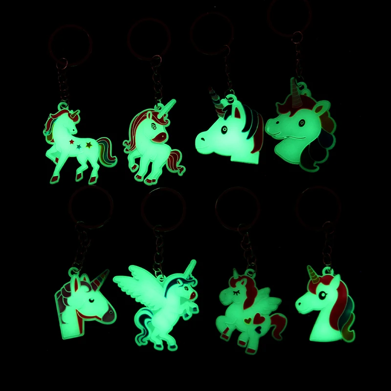 8pcs PVC Unicorn Keychain Luminous Glowing Horse Key Holder Alloy Key Ring For Woman Girls Gift Jewelry Wholesale mix Fashion Jewelry