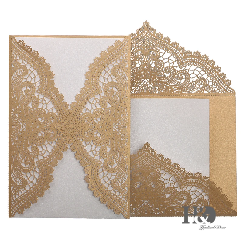 

60pcs New Champagne Wedding Invitation Cards with Custom Personalized Printing Laser Cut Invitations and Hollow Part