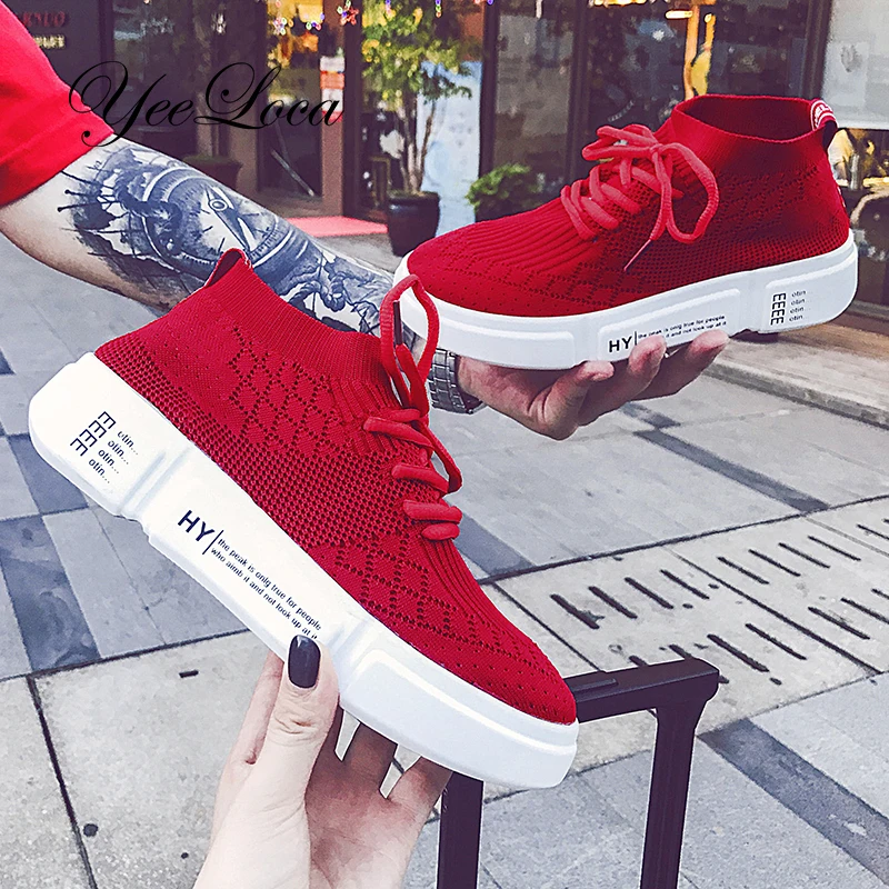 

Ankle Sock Trainers Women In Red Knit Lace Up Breathable Sock Shoes Leisure Woman Flats Footwear Chaussure Femme