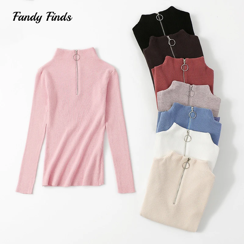 

Fandy Finds new arrivel women semi-turtleneck Long sleeve slim solid zipper knitted sweater