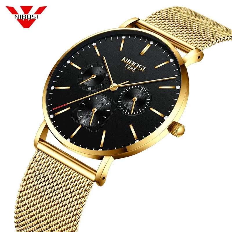 

NIBOSI Dropshipping Men's Watches Mesh Steel Calendar 24 Hours Business Male Clock Fashion Luxury Men Quartz Watch relogio