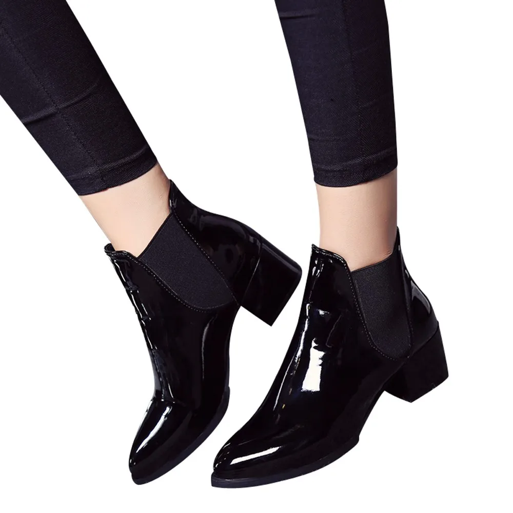 

SAGACE 2020 New Arrival Fashion Shoes Women Boots Elasticated Patent Leather Ankle Boots Pointed Low Heel Boots Sexy Shoes