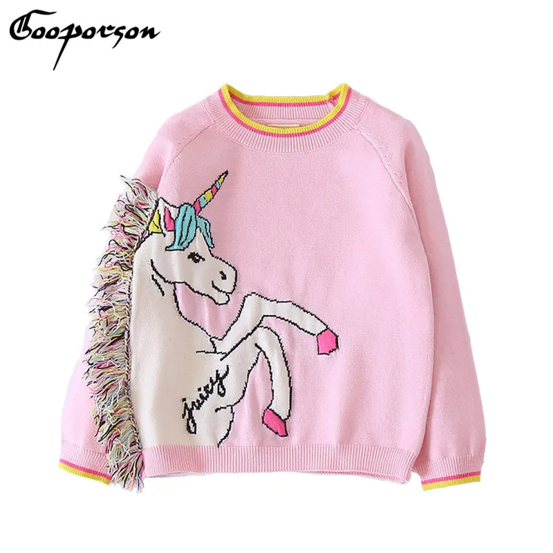 GOOPORSON Girl Sweater Unicorn Knitted Tassel Kids Winter Clothes New