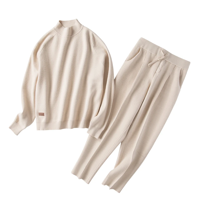 

cashmere cotton wool blend thick knit women fashion sweatshirts tracksuit pullover pant 2pcs/set beige 4color S-XL