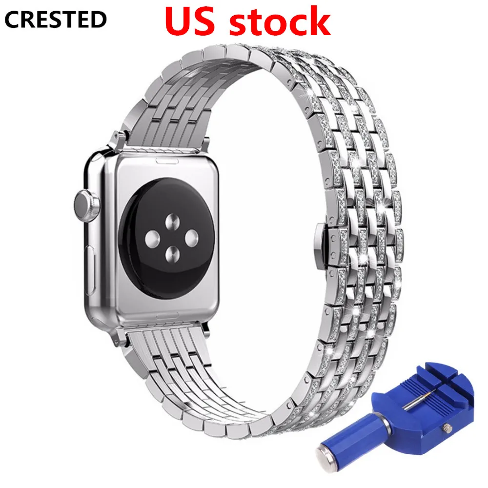 

CRESTED stainless steel strap For Apple watch 4 band 44mm/40mm Diamond iwatch 3 2 1 42mm/38mm butrery Loop wrist bracelet