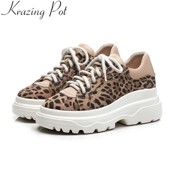 

Krazing Pot classic leopard genuine leather sneakers lace up thick bottom platform round toe casual wome vulcanized shoes L12