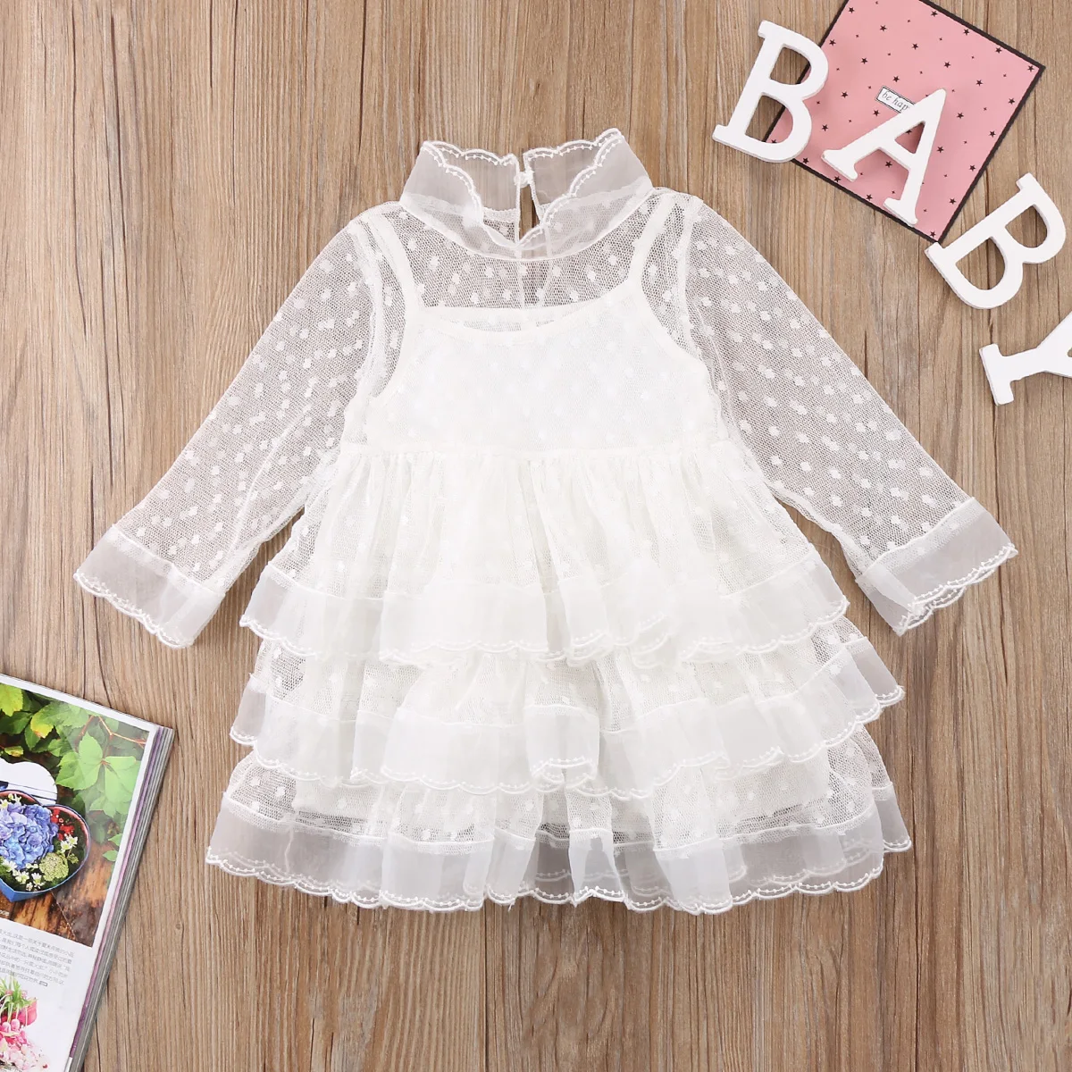 

Cute Kids Baby Girl Princess White Dresses Long Sleeve Party Dot Lace Tulle Dress Ball Gown Dress Outfit Clothes Summer