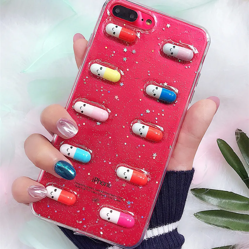 

3D Cute Capsule Pills Person Phone Case For iPhone X 6 6S 6plus 7plus 7 8 Plus Transparent Soft TPU Back Cover Cases Coque
