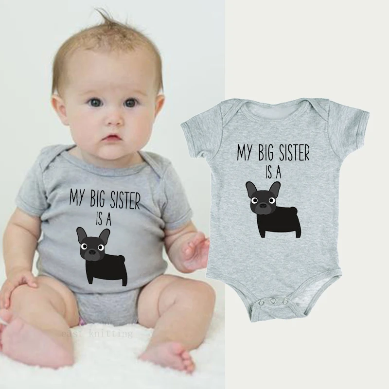 

DERMSPE 2019 New Newborn Baby Rompers Lovely Boys Girls Short Sleeve My Big Sister Is A Dog baby Jumpsuits Infant Gray