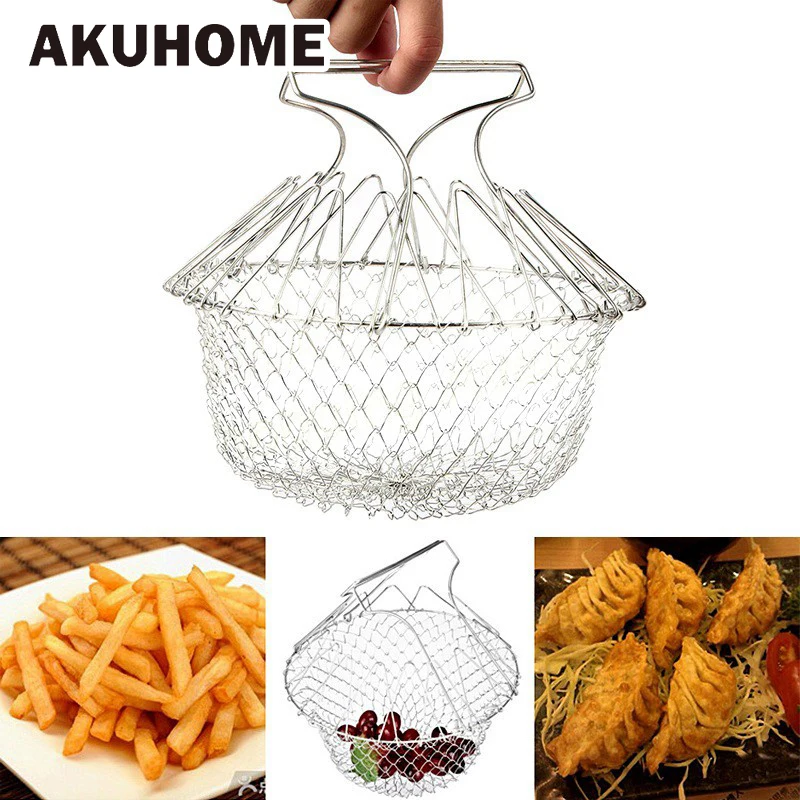 

Stainless Steel Expandable Fry Chef Basket Kitchen Colander Magic Mesh Basket Strainer Net Cooking Steam Rinse Strain Basket