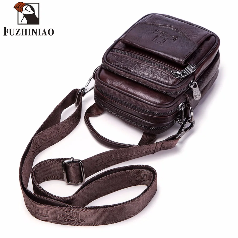 FUZHINIAO Small Genuine Cowhide Leather Men's Shoulder Bag Clutch Handbag Messenger Male Bags Crossbody Sling Tote Small Zipper