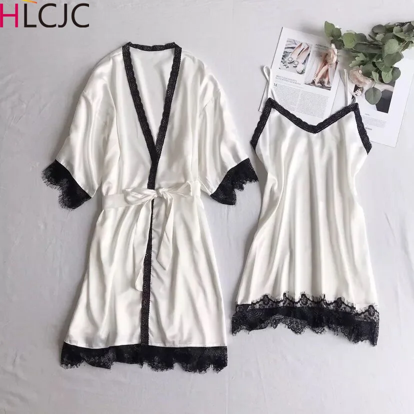 

Spring 2PCS Pyjama Femme Solid Pijama Sets For Women Sleepwear Set Silk Home Clothes Pajamas Sets Sexy Lace Robe Pajamas