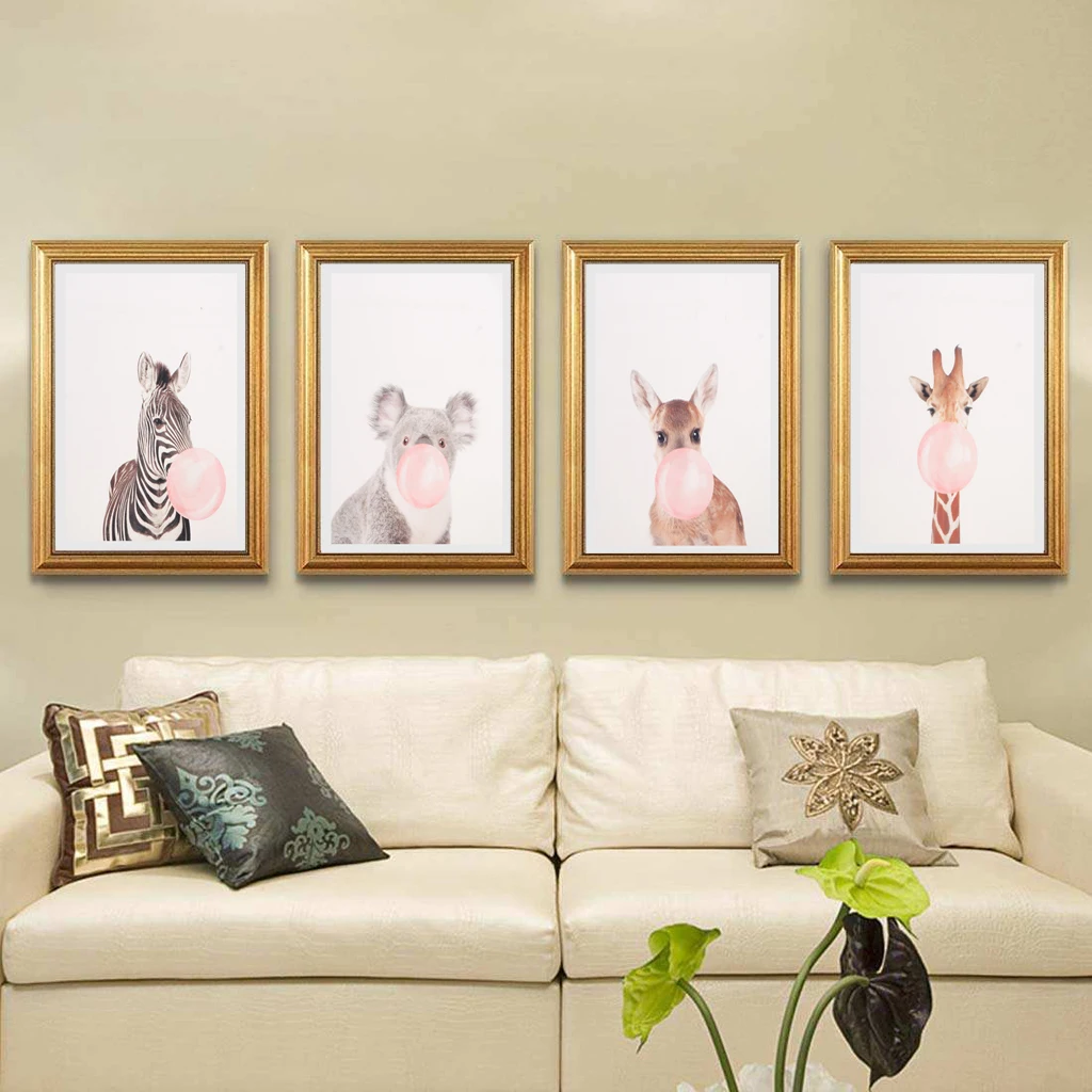 4 Panel Canvas Oil Print Painting Wall Hanging Picture Paint for Home Office Hotel Hallway - Animal Blow Bubble Gum