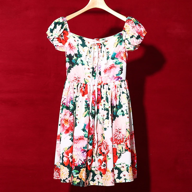 

Red RoosaRosee 2019 Summer Elegant Floral Print Bandage Mini Dress Women's Fashion Puff Sleeve Sexy Square Collar Party Dresses