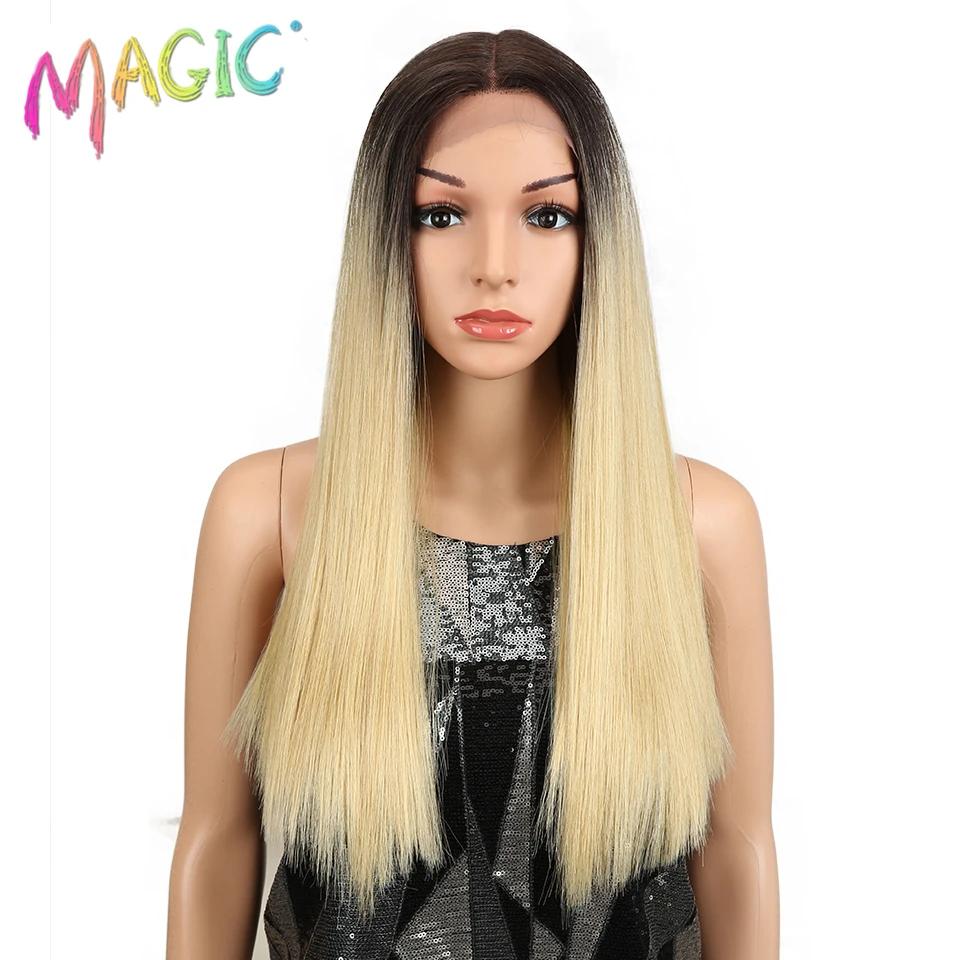 Kopen Magic Rechte Kant Voor Pruiken Voor Zwarte Vrouwen Middelste Deel Hittebestendige Haar Rechte Zwarte Blonde Synthetische Lace Front Pruiken
