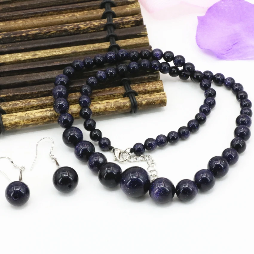 Natural stone blue 6 14mm sandstone round beads tower chain necklace