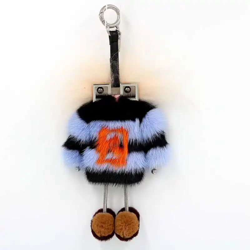 Women metal robot monster real fur charm key chain striped mink coat luxury charm bag pendant