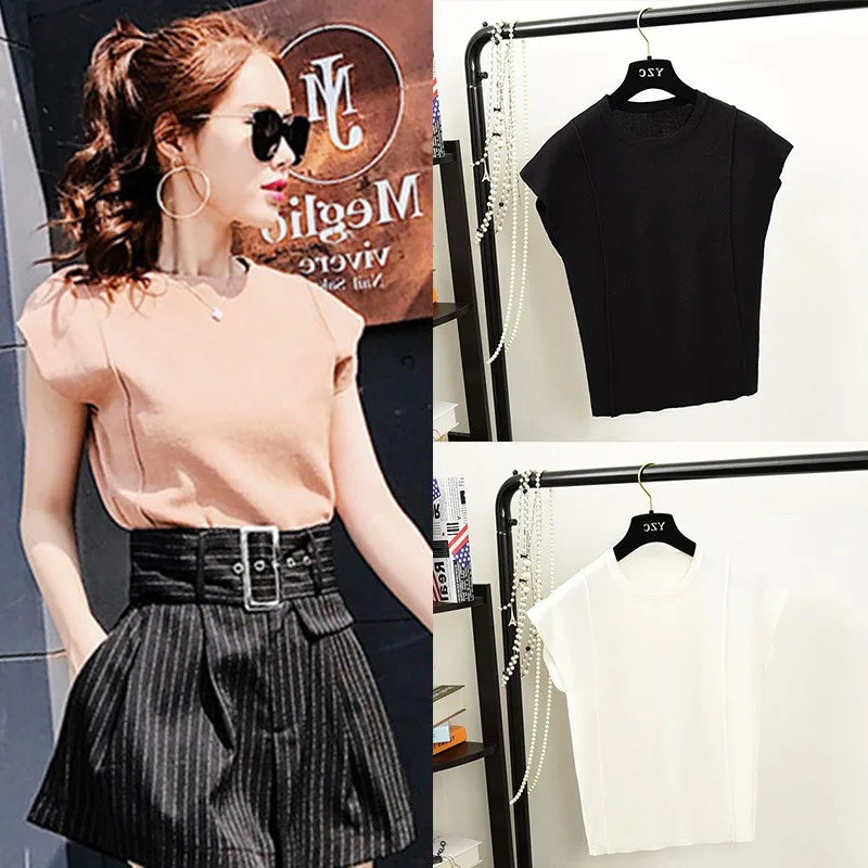 

Elegant Women O Neck Short Tee Shirt Sexy Sleeveless Rib Knitted T-Shirt Summer Solid Color Casual T-shirt Top camiseta mujer