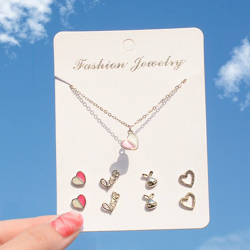 

Fashion 4 Pairs Love Heart Small Stud Earrings And 1 Pcs 45cm Chain Pendant Necklaces Silver Jewelry Sets For Women Girls Gifts