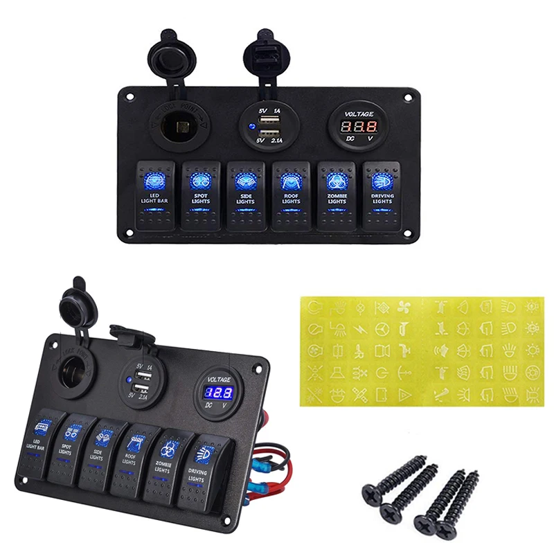 

Waterproof 6 Gang Boat Rocker Switch Panel Fuse 3.1A Dual USB Socket Digital Voltage 12V Cigarette Light LED Light for Car Truck
