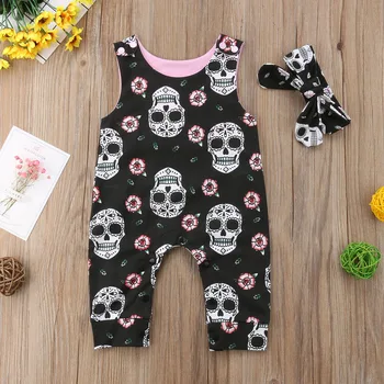Citgeett Halloween Newborn Skull Floral Baby Boys Girls Romper Sleeveless Jumpsuit Headband Outfits Summer Holiday Clothes 2