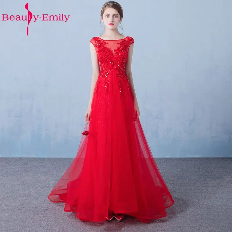 Красота-Эмили длинные кружевные платья Красный невесты 2017 Платья для вечеринок трапециевидной формы О-образным вырезом длиной до пола
