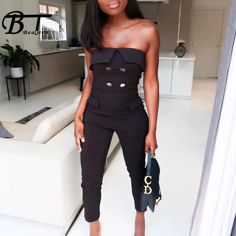 

Beateen 2019 Summer New Vestidos Women Fashion Sexy Strapless Button Jumpsuit Elegant Lady Party Club Straight Long Pants