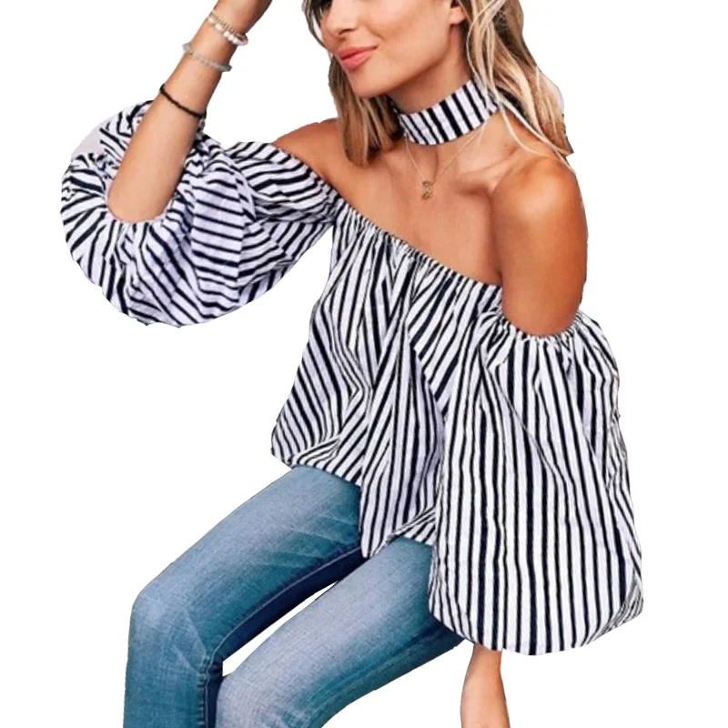 Striped Fashion Women font b Blouses b font Sexy Slash Neck 2017 Spring Summer Female font