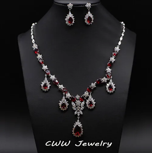 

CWWZircons Elegant Design Big Drop Bridal Red Cubic Zirconia Earrings and Necklace Wedding Costume Jewelry Sets T132