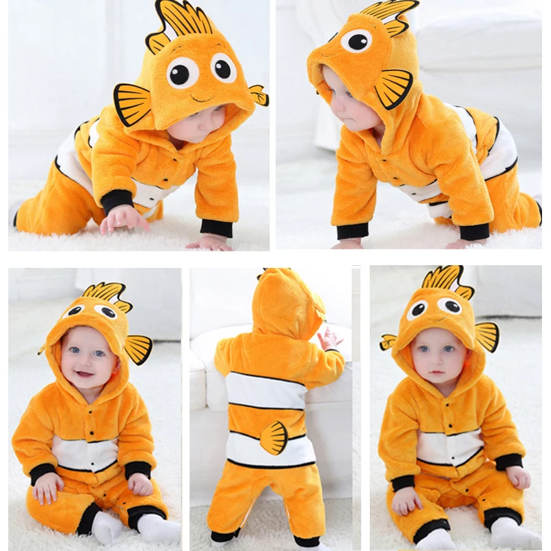 Goedkoop Baby rompertjes Cartoon Winter Warm Coral Fleece Leuke Leeuw Kerst geschenken Baby Jongen Meisje pyjama Vis roupas de bebe recem nascido