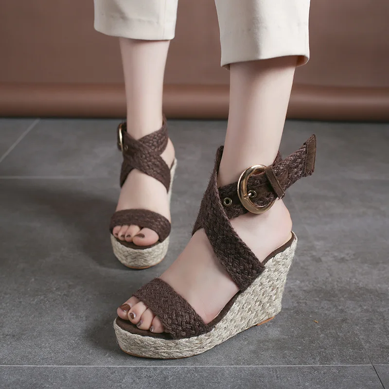 

2019 new sandals high heel straw wedges casual large size shoes fashion muffin bottom women's shoes