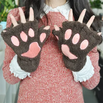 

YGYEEG Winter Lovely Women Bear Cats Claw Paw Mitten Plush Gloves Short Finger Half Gloves Ladies Half Cover Female Gloves Beige