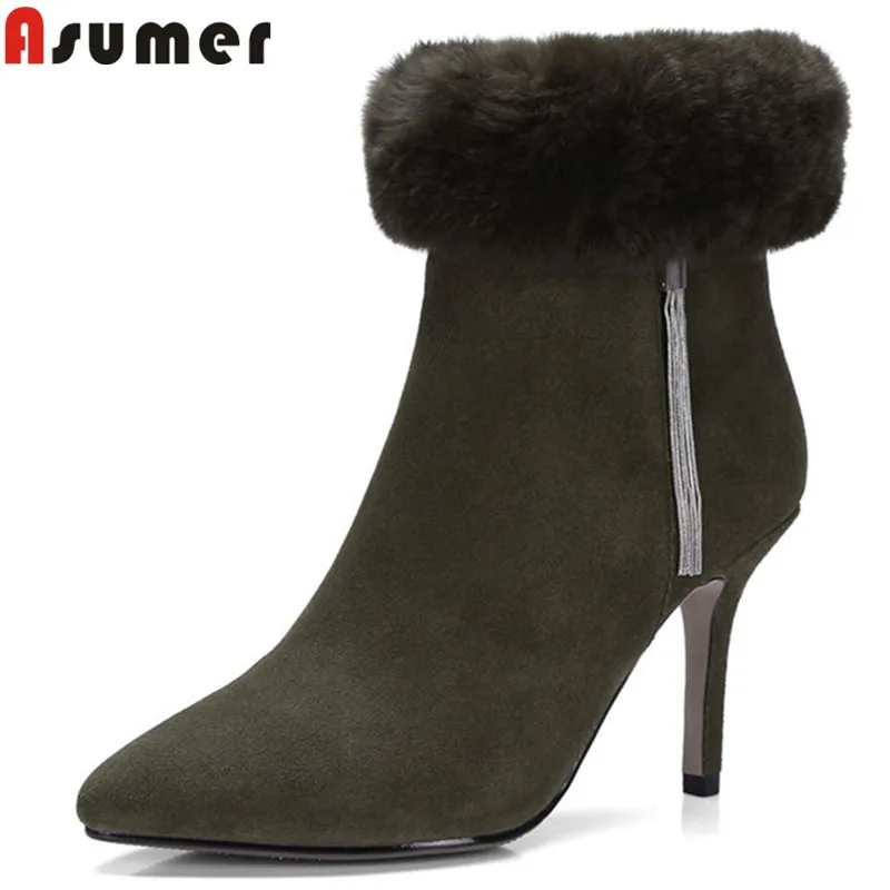 

ASUMER 2018 fashion autumn winter boots women pointed toe zip ankle boots stiletto high heels suede leather boots fur