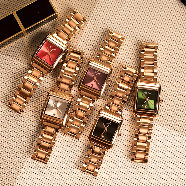 Fahion Guou Топ бренд большой циферблат квадратный роскошный розовое золото сетка сталь Женские повседневные часы Календарь Кварцевые женские наручные часы