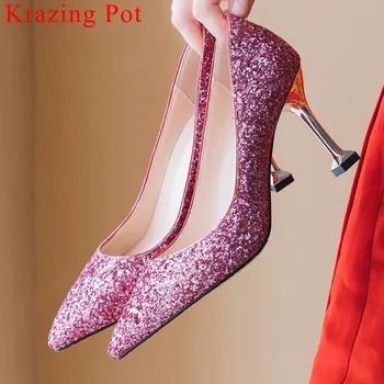 

2019 European superstars high heels popular new sequined cloth sexy pointed toe shallow pumps wedding party feminine shoes L35