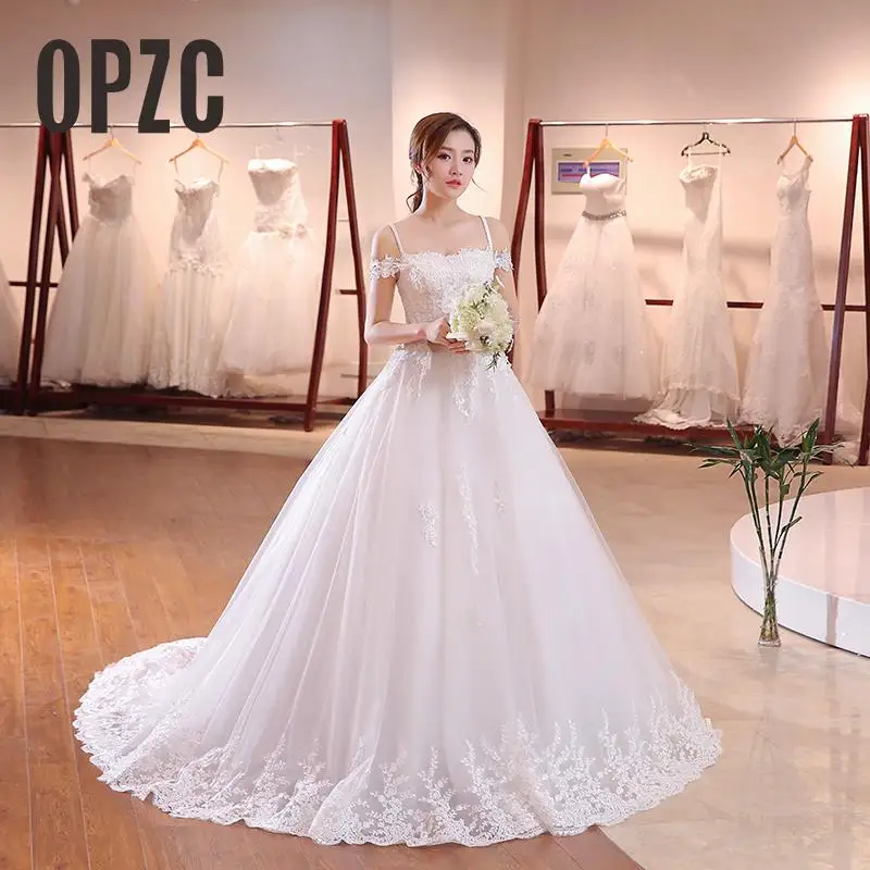 

Sexy Straples Sleeveless Appliques Lace Train Wedding Dress 2017 New Arrival Elegant bride Vestido De Noiva Off the Shoulder DHL